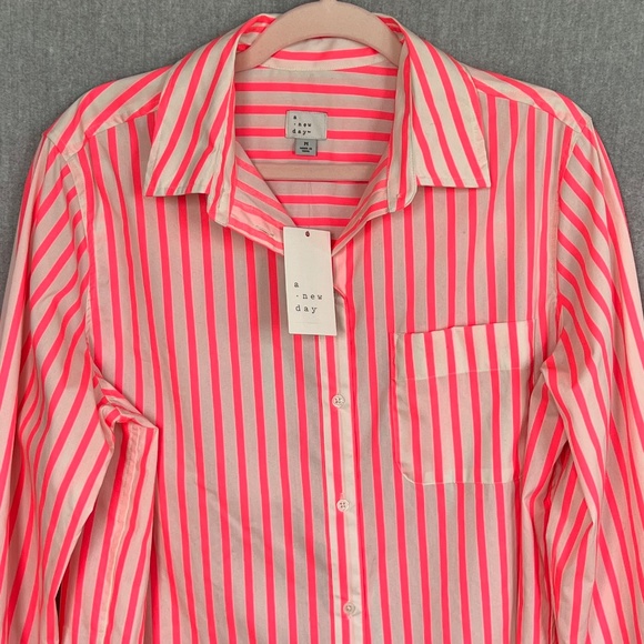 NWT a new day Women Neon Stripe Cotton Blend Button Down Shirt Sz M Work - Picture 3 of 11